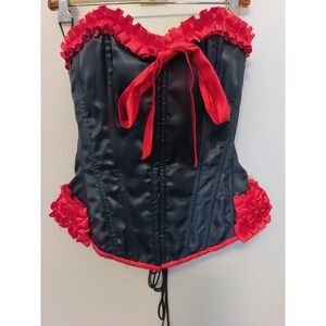 Burlesk Women Sexy Black Satin Red Ruffled Trim Lace Up Back Corset Size M